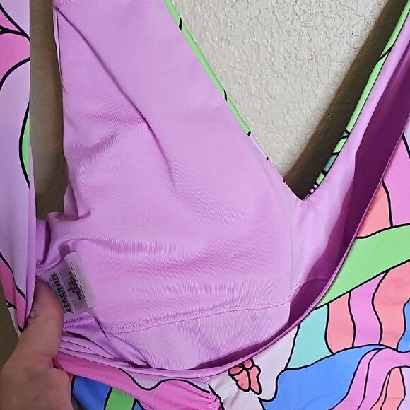 NWT Beach Joy Large Colorful Abstract One-Piece Swimsuit ruched V neck plunge - Picture 7 of 7